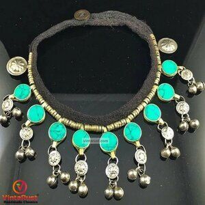 Afghan Traditional Bib Necklace- Afghan Necklace With Silver Metal Beads